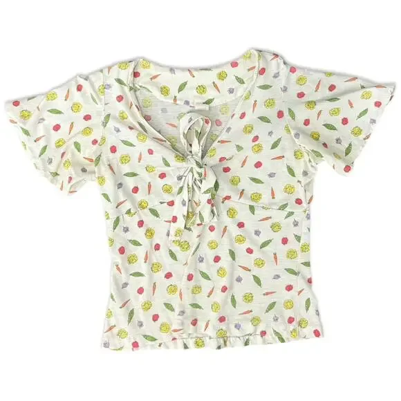 Vintage Tie Front Ivory Vegetable Print Carrot Tomato Peas Lettuce Tee size S - Picture 1 of 10